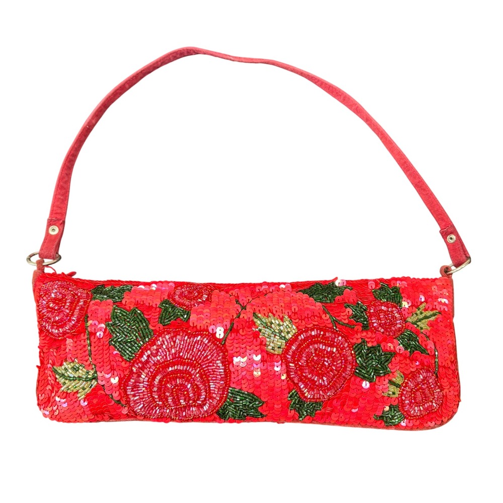 Christiana Cache Red Beaded Sequin Rose Floral Baguette Shoulder Bag Womens OS